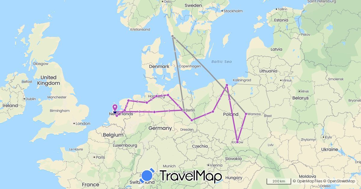 TravelMap itinerary: driving, plane, train in Germany, Netherlands, Poland, Sweden (Europe)